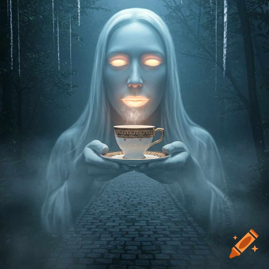 A ghostly figure with glowing eyes and mouth holds a steaming ornate teacup on a cobblestone path in a dark forest with icicles.