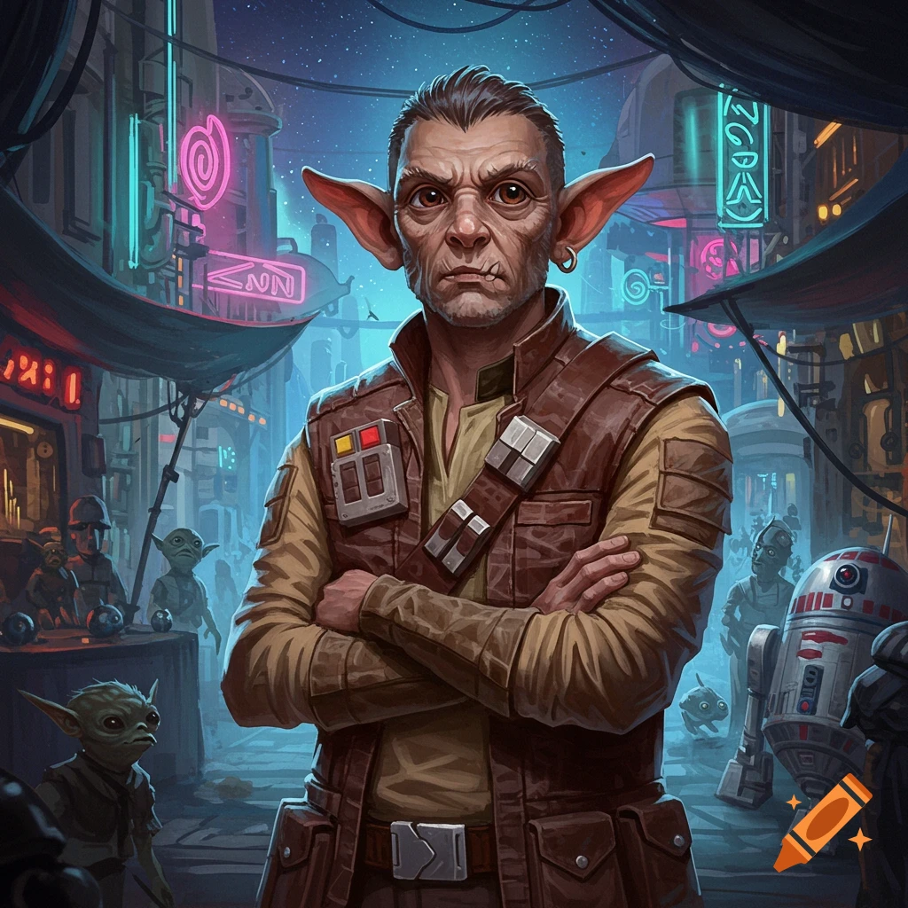 A portrait of an alien character with large ears and a stern expression, wearing a brown vest, in a neon-lit, bustling sci-fi city street.