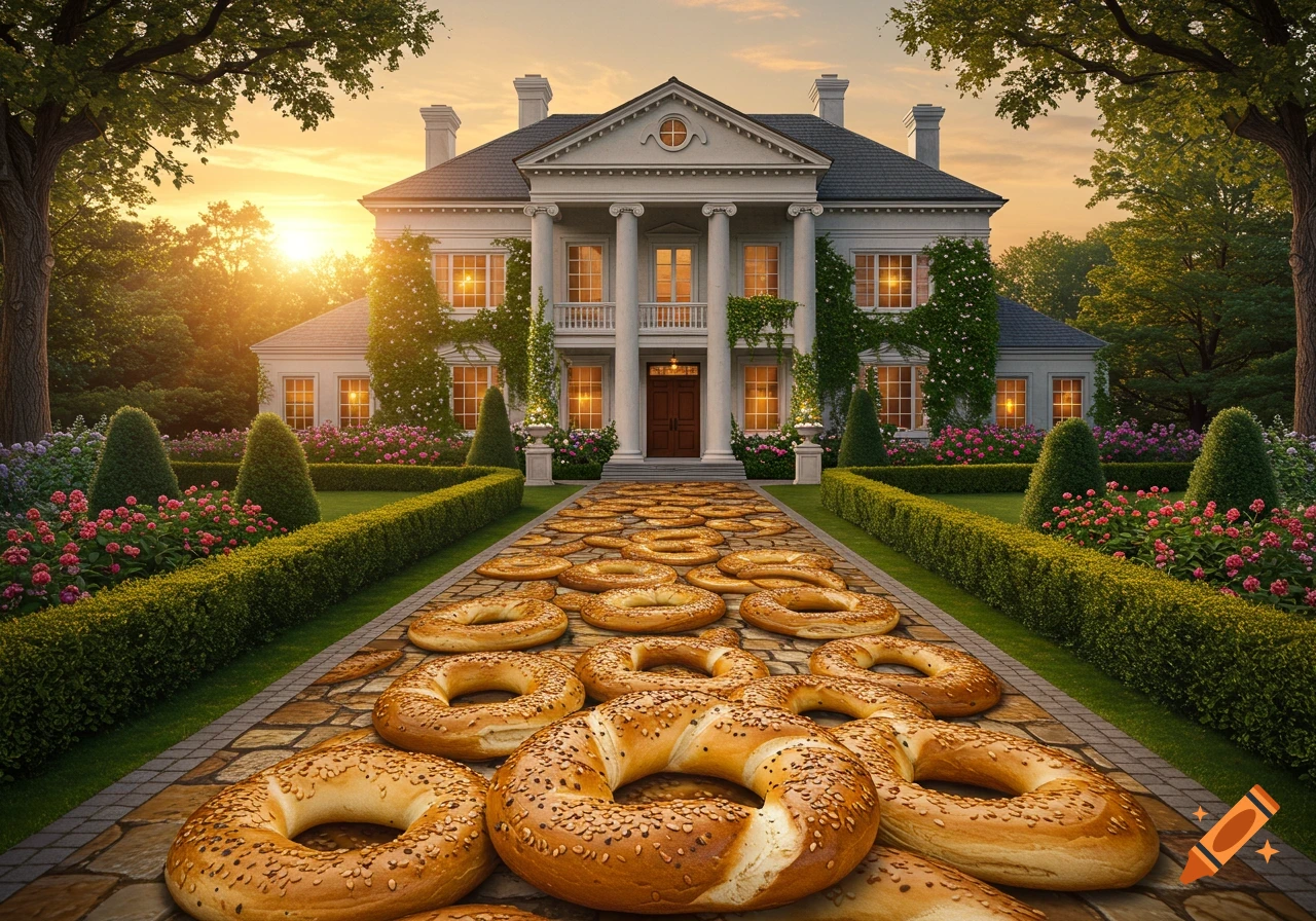 A grand mansion with a driveway paved in bagels, surrounded by lush gardens under a sunset sky.
