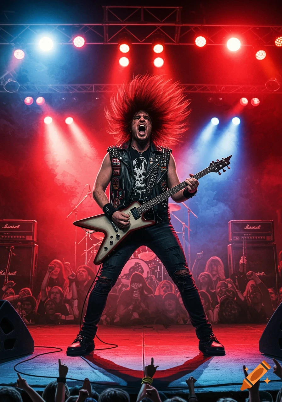 A male heavy metal rocker with wild red hair plays guitar and screams on a stage lit by red and blue lights, with a cheering crowd.