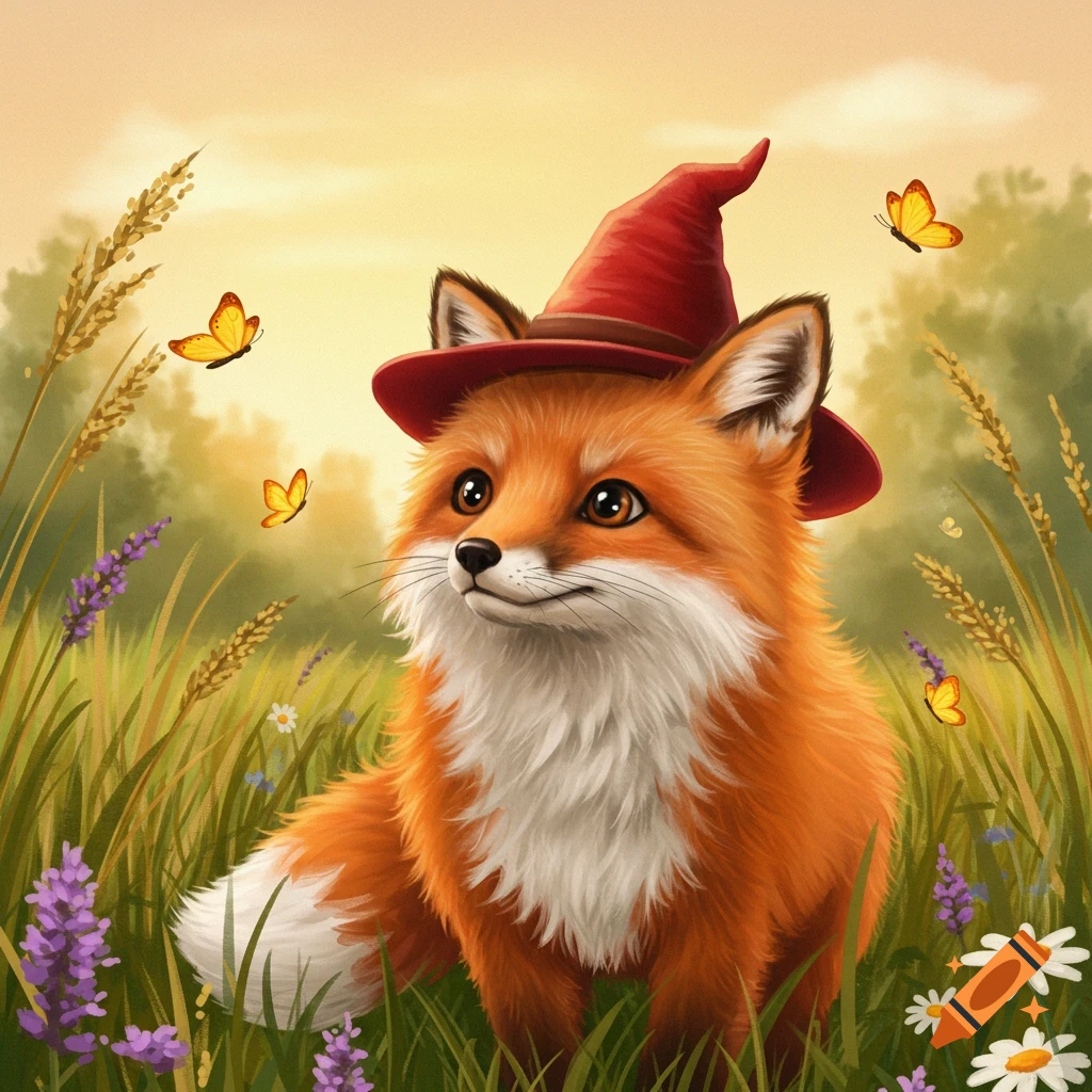 A cute orange fox with a white chest wears a red pointed hat, sitting in a field of green grass, purple flowers, and wheat under a warm sky with yellow butterflies.