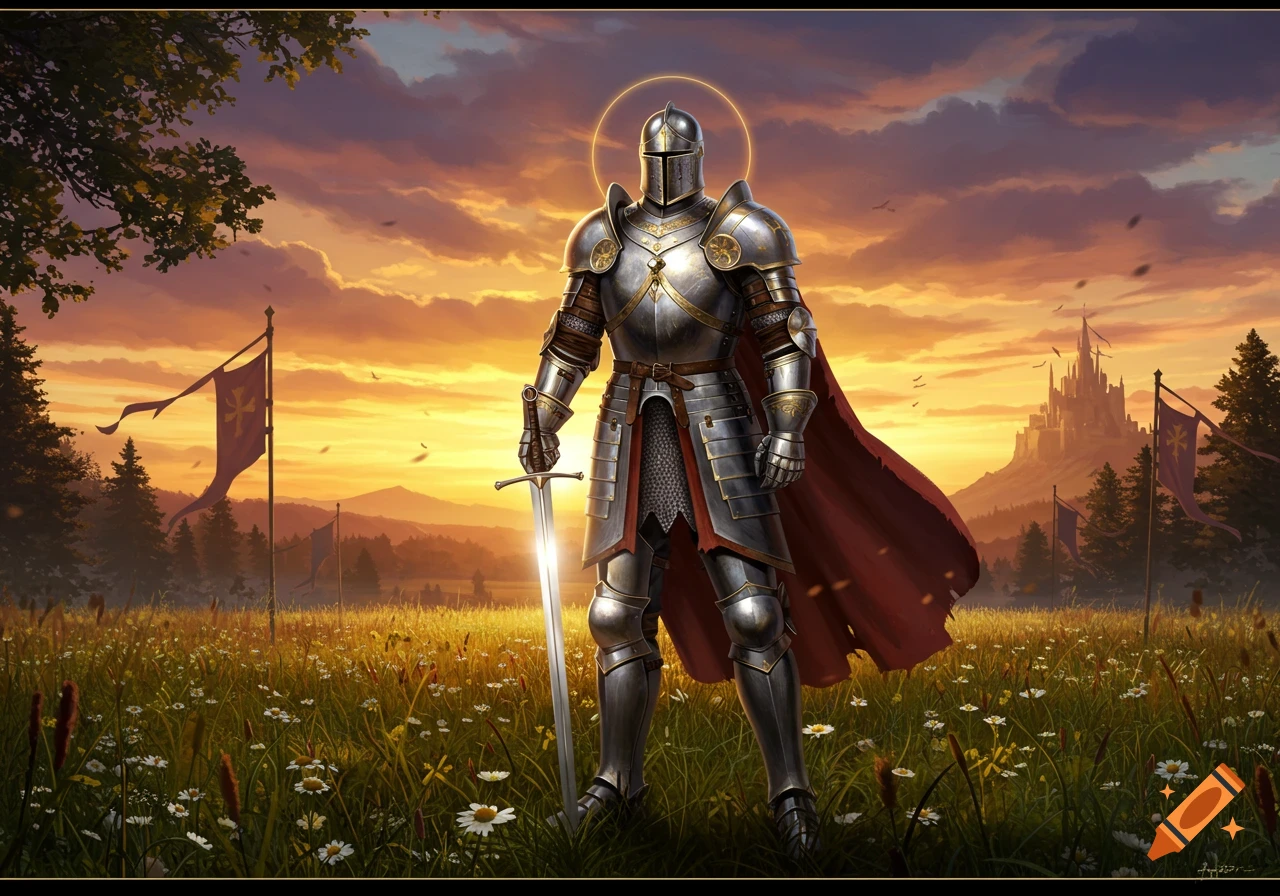 A knight in shining armor stands in a field of wildflowers at sunset, holding a sword, with a castle in the background.