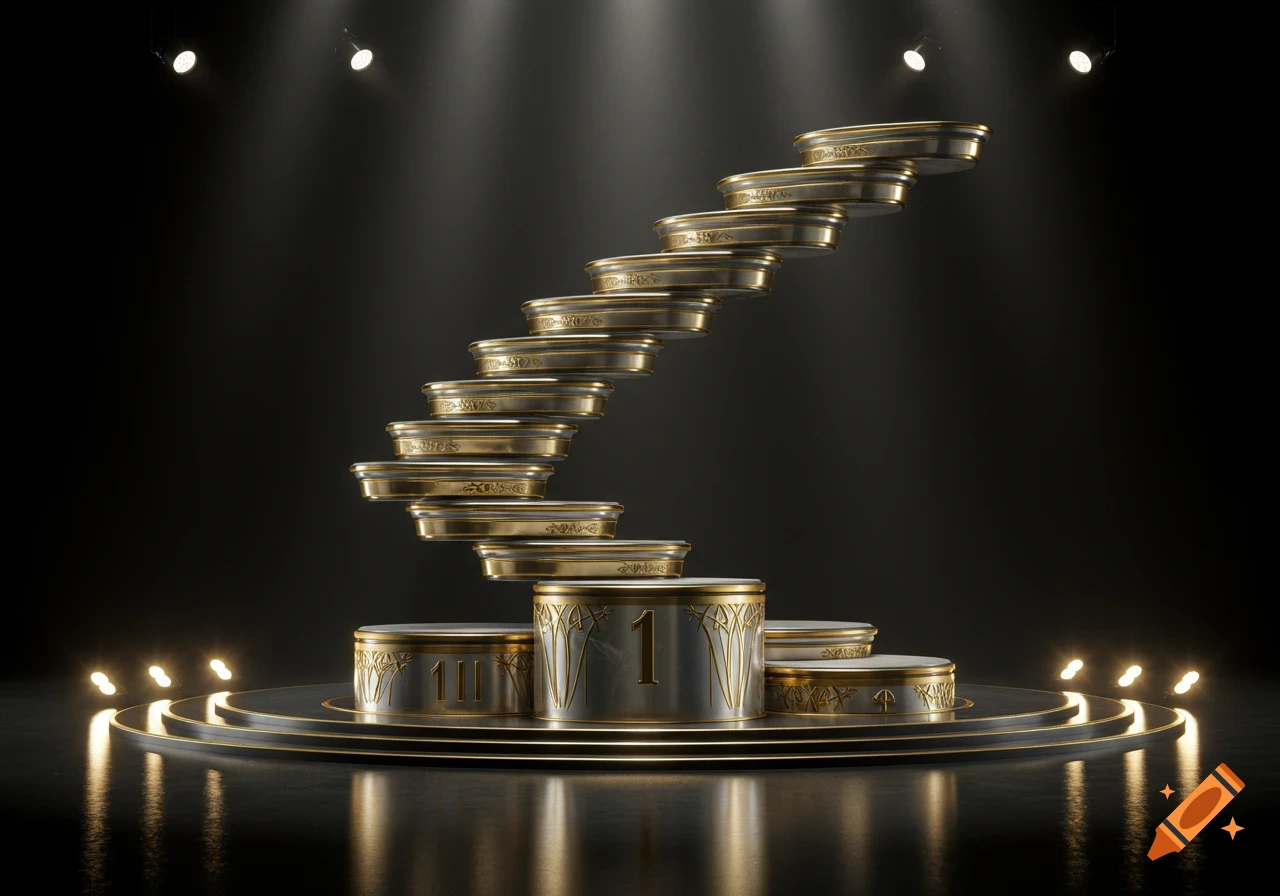 A luxurious gold and silver podium with numbers 1, II, and III, and a spiral staircase of additional steps, on a dark stage illuminated by spotlights.