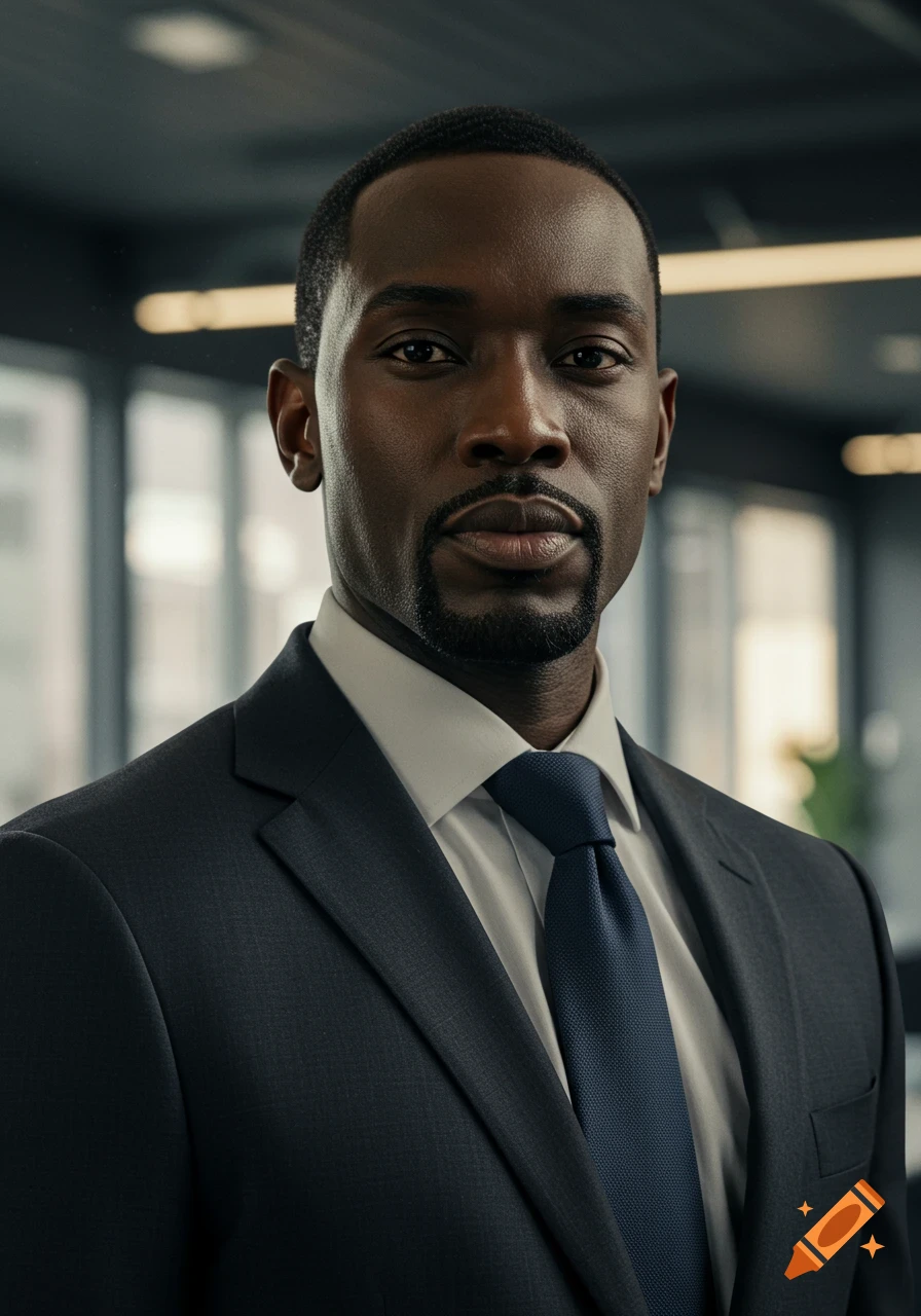 A photorealistic portrait of a well-dressed Black man in a dark suit and blue tie looking directly at the camera in an office setting.