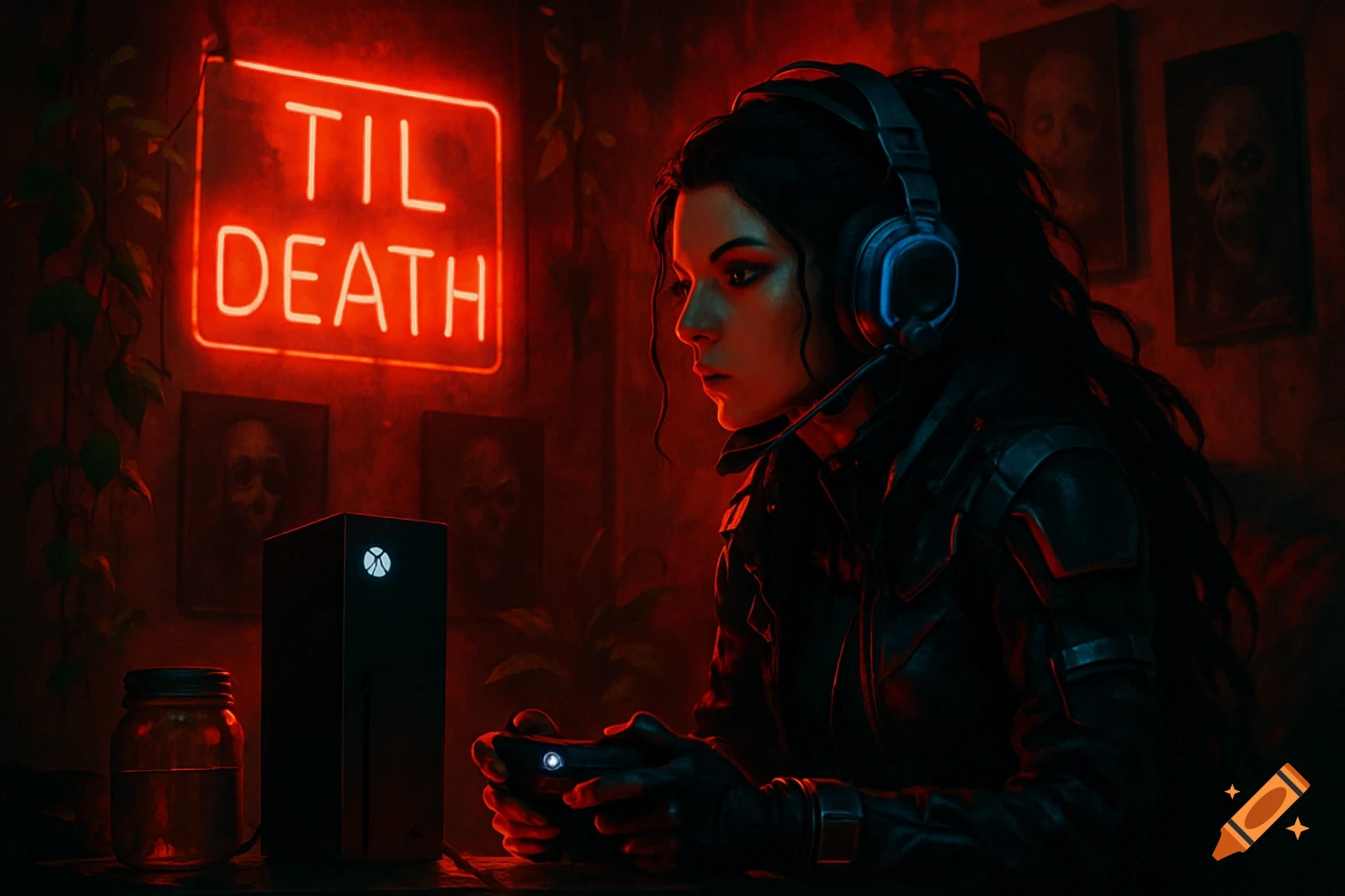 A cyberpunk girl with a headset plays an Xbox in a dark, red-lit room with a 'Til Death' neon sign and horror art.