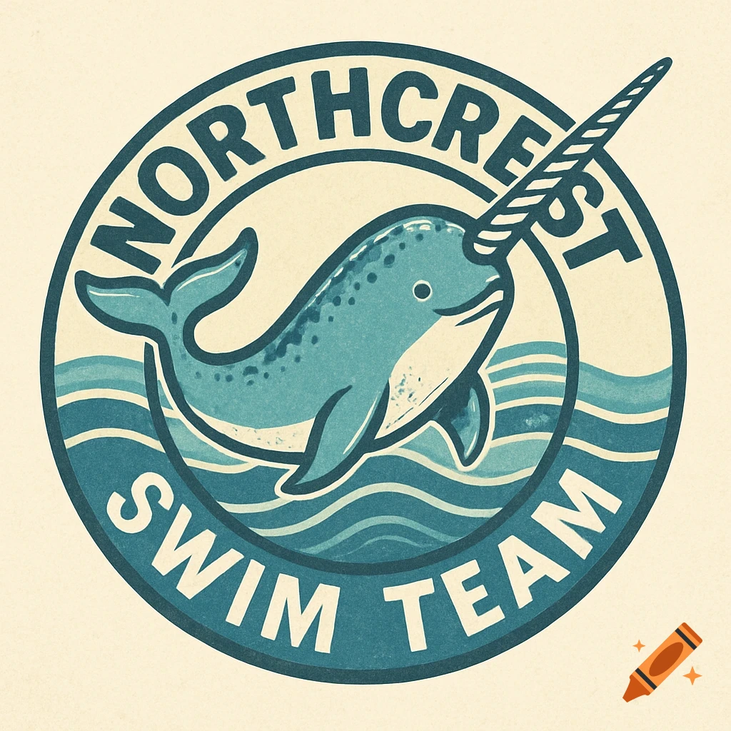 A retro-style circular logo for "Northcrest Swim Team" featuring a blue narwhal swimming in waves.