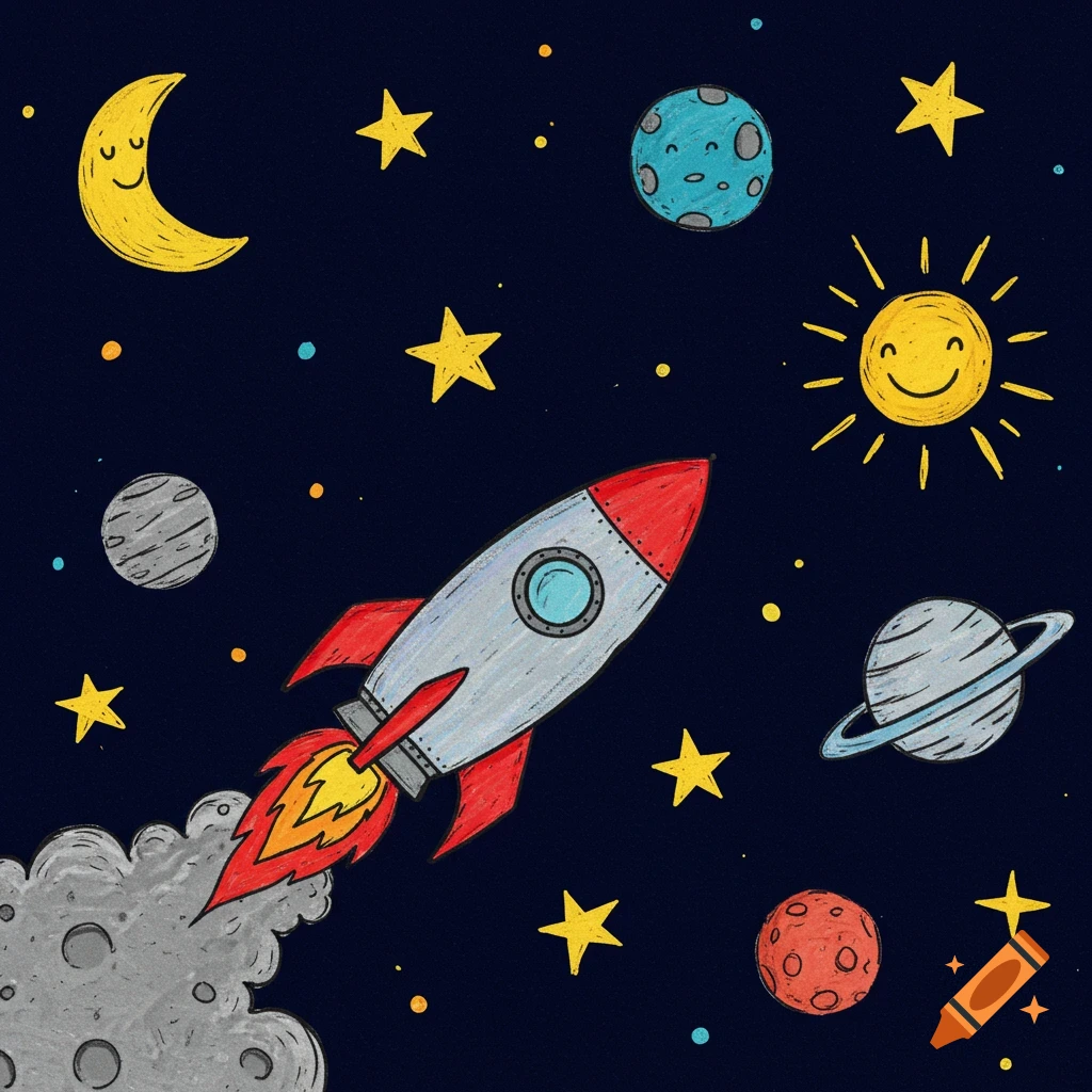 A hand-drawn, brightly colored rocket soaring through space past smiling stars, planets, and a crescent moon, in a child's crayon drawing style.