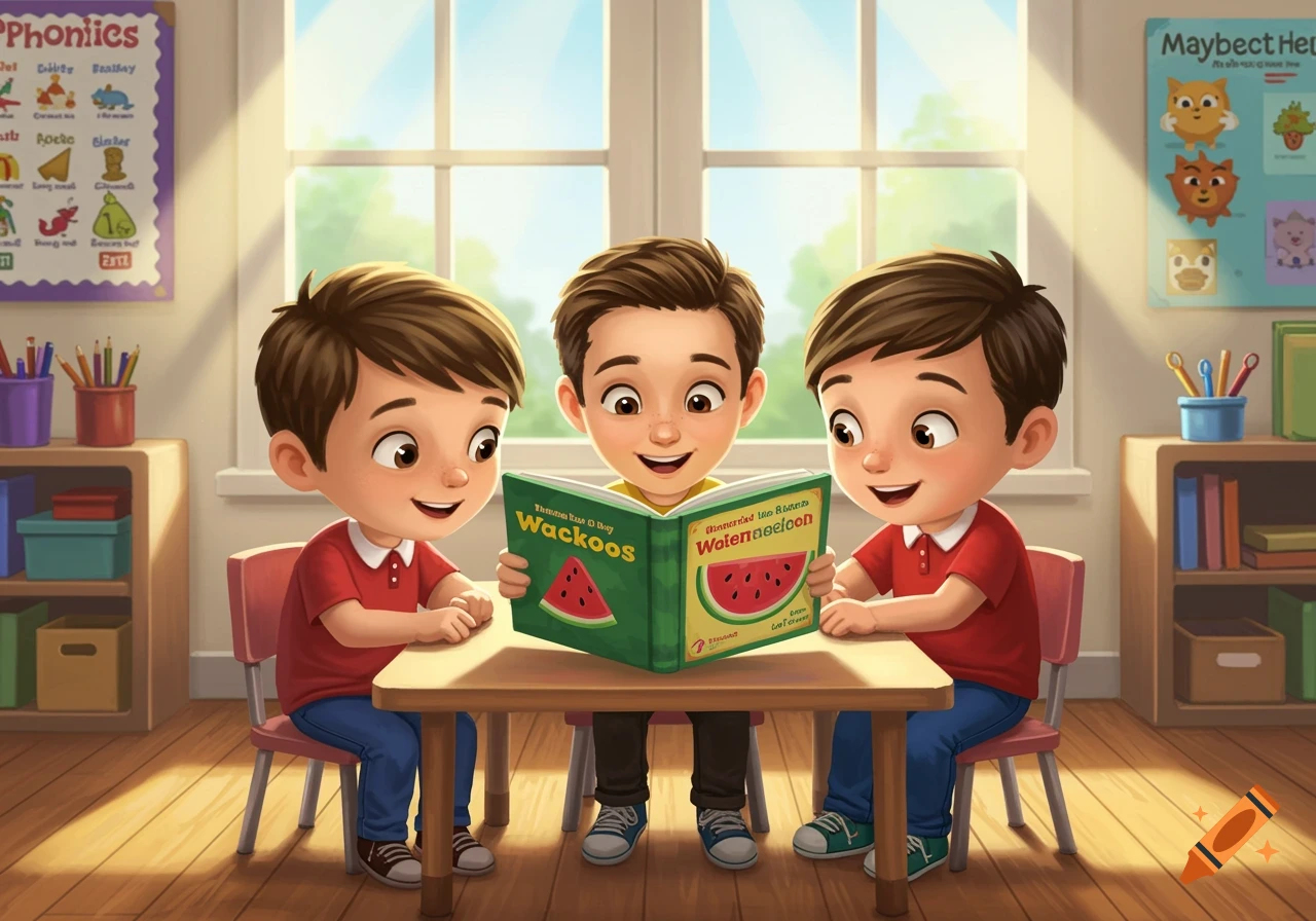Three cartoon boys sit at a table in a bright classroom, reading a green book about watermelons.