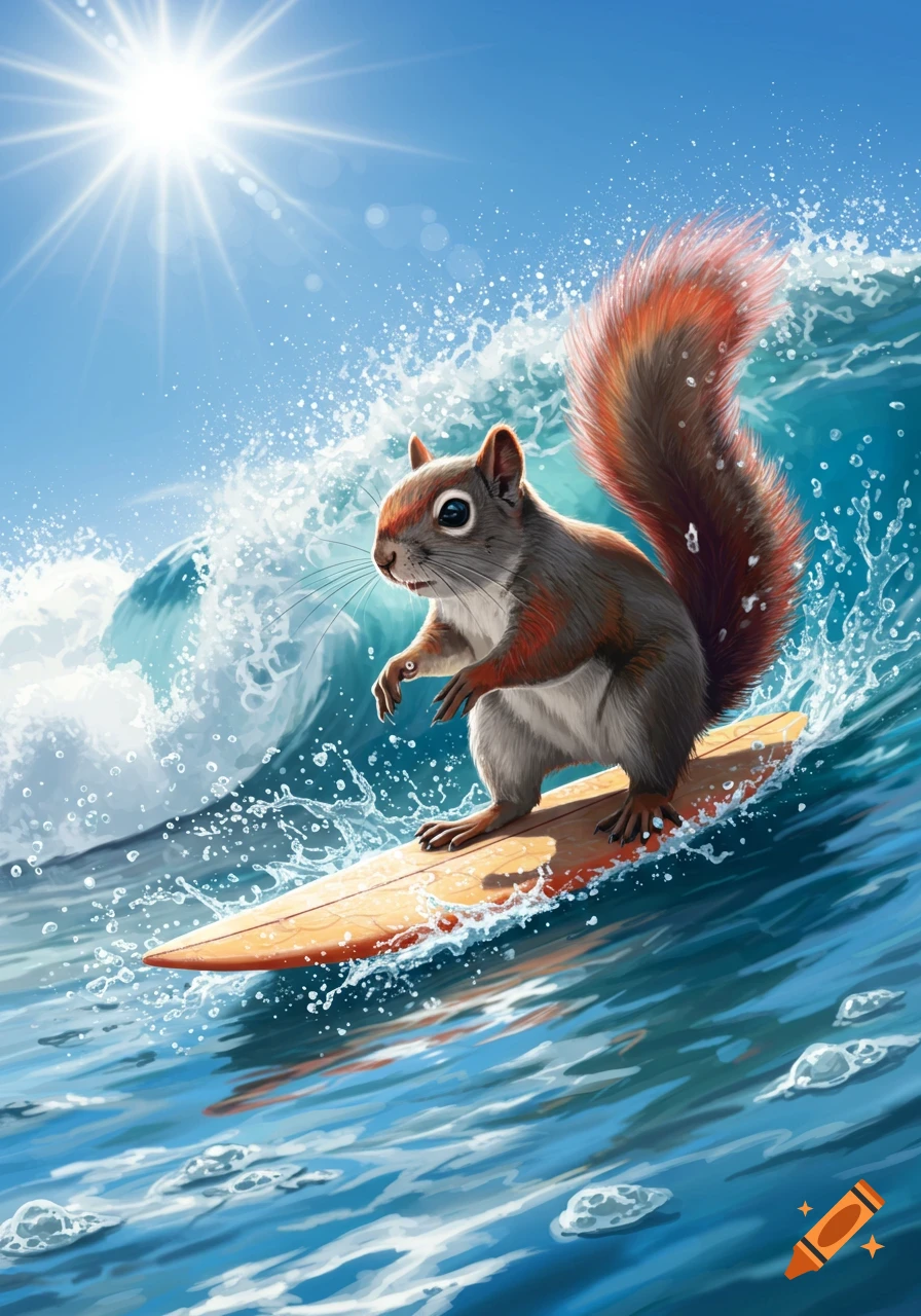 A photorealistic squirrel surfs a large ocean wave under a bright sunny sky.