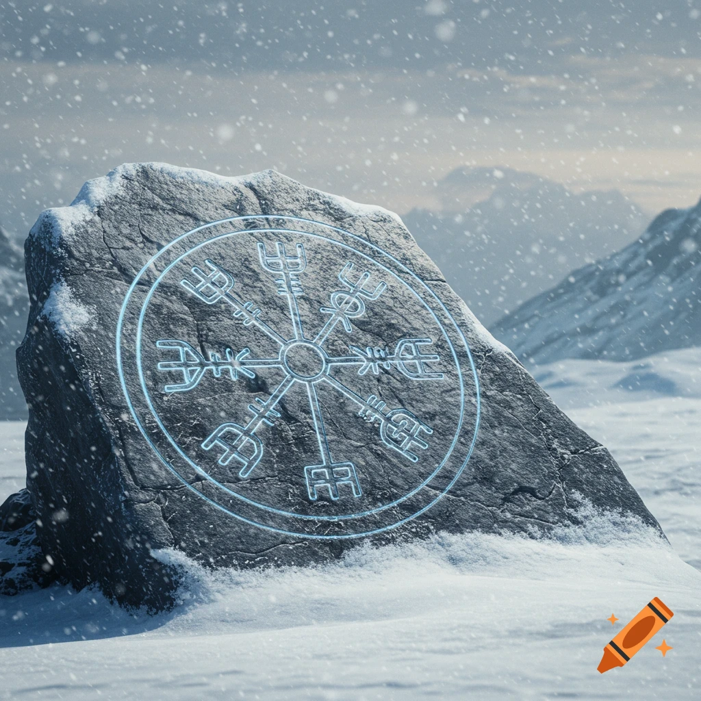 A glowing blue Viking symbol, Vegvísir, carved into a snow-covered stone in a snowy mountain landscape.