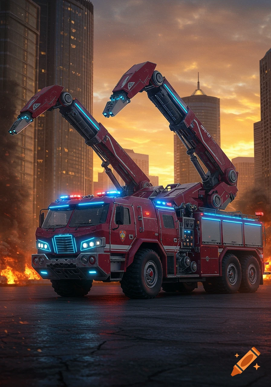 A futuristic red fire truck with glowing blue lights and large articulated arms stands on a city street with fires and buildings at sunset.
