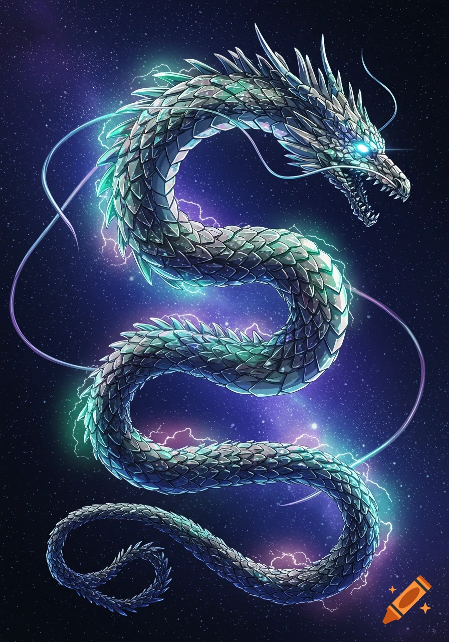 A metallic dragon with glowing eyes and lightning against a starry cosmic background, in an anime art style.