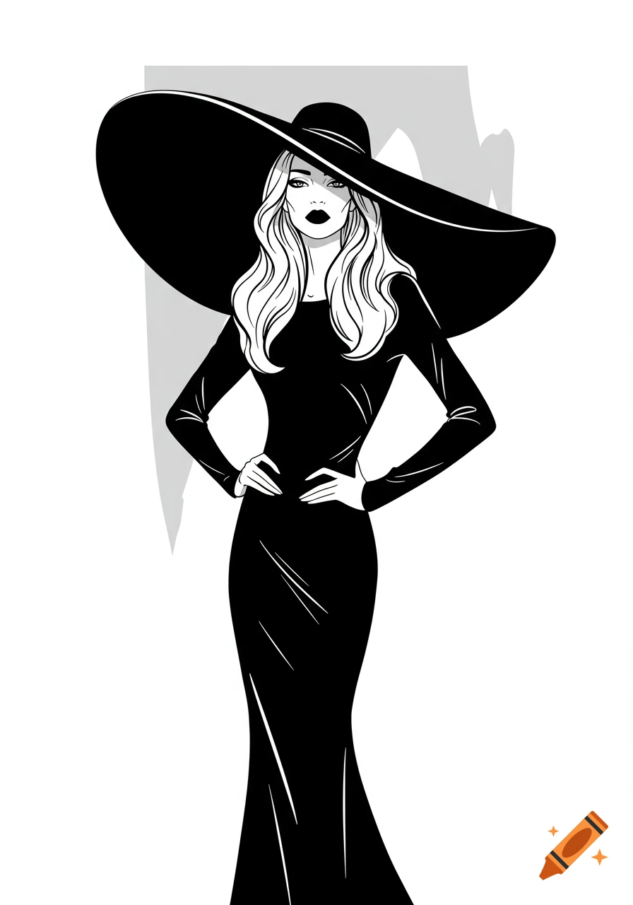 A black-and-white illustration of a fashionable woman in a wide-brimmed hat and elegant long dress, with hands on hips.