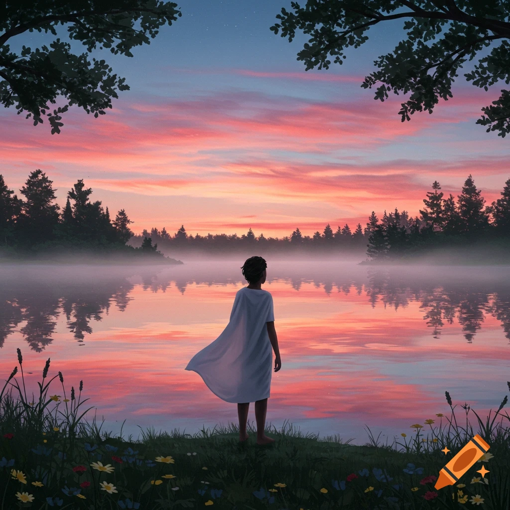 A person stands on grassy shore, looking out at a foggy lake reflecting a vibrant pink and orange sunset sky with silhouetted trees.