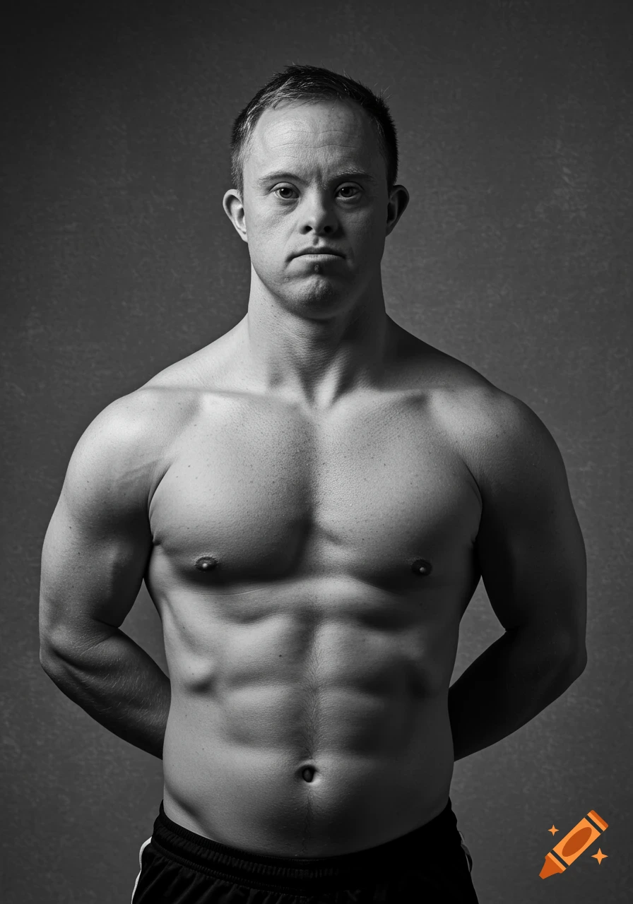 A muscular man with Down's Syndrome poses shirtless in a grayscale portrait.