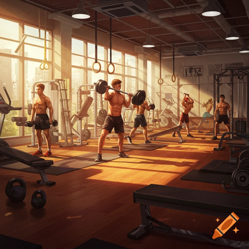 People exercising in a sunlit gym with various workout equipment.