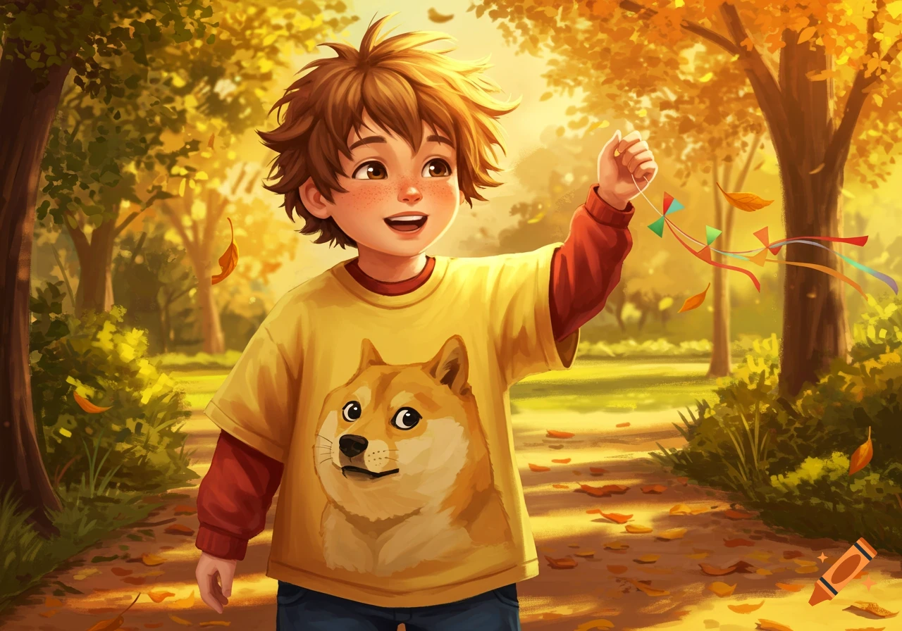 Vibrant illustration of a happy boy with a Doge t-shirt, holding a colorful paper toy on a sunlit autumn park path with fallen leaves.