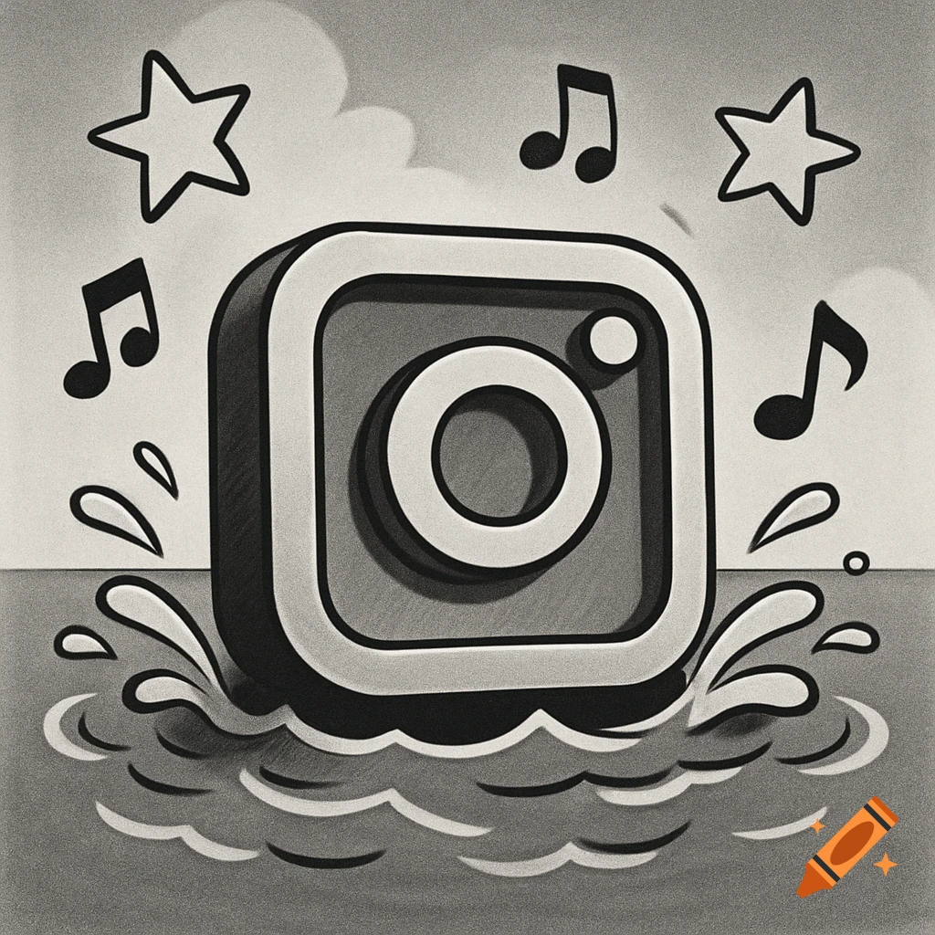 Monochromatic cartoon style image of an Instagram logo in splashing water with musical notes and stars.