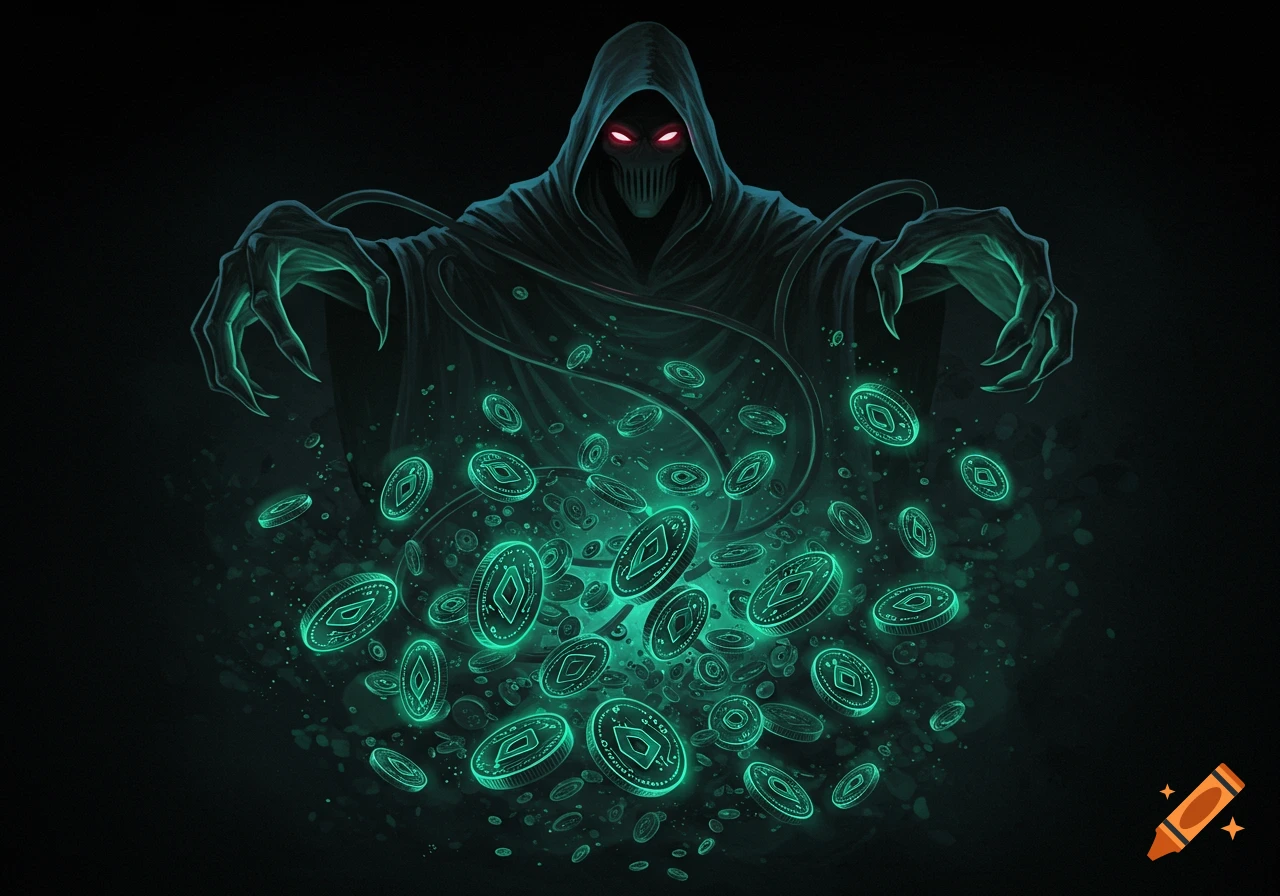 A dark hooded figure with red eyes and clawed hands looms over a swirling vortex of glowing green digital coins against a black background. Stylized digital art.