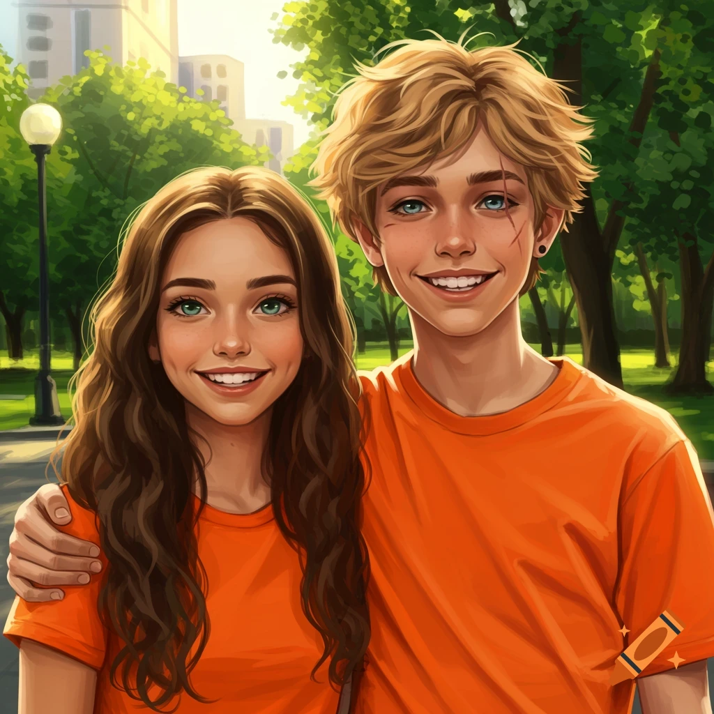 A smiling teenage boy with blonde hair and a scar on his cheek, with his arm around a smiling teenage girl with long wavy brown hair, both wearing orange shirts in a sunny park.