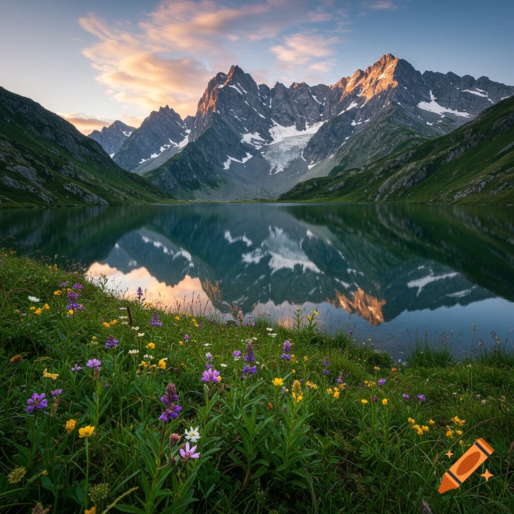 A photorealistic mountain lake reflects snow-capped peaks under a colorful sky, with wildflowers in the grassy foreground.