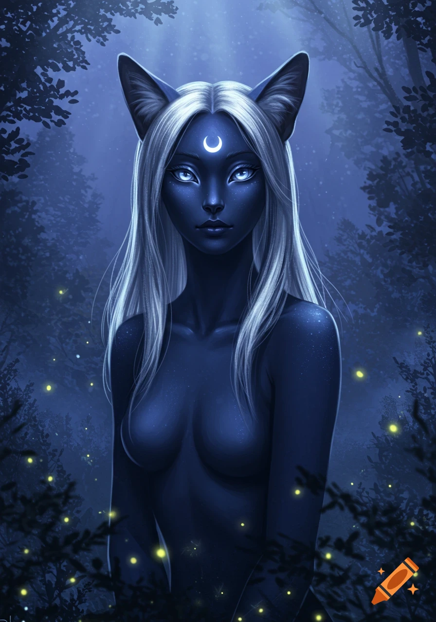 A dark blue skinned woman with cat ears and white hair, a crescent moon on her forehead, stands in a mystical blue forest with glowing fireflies. Digital art.