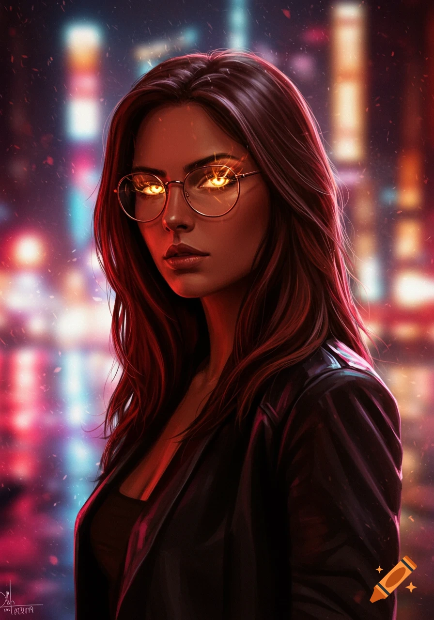 A striking portrait of a woman with long brown hair, round glasses, and glowing golden eyes, set against a blurred neon city background.