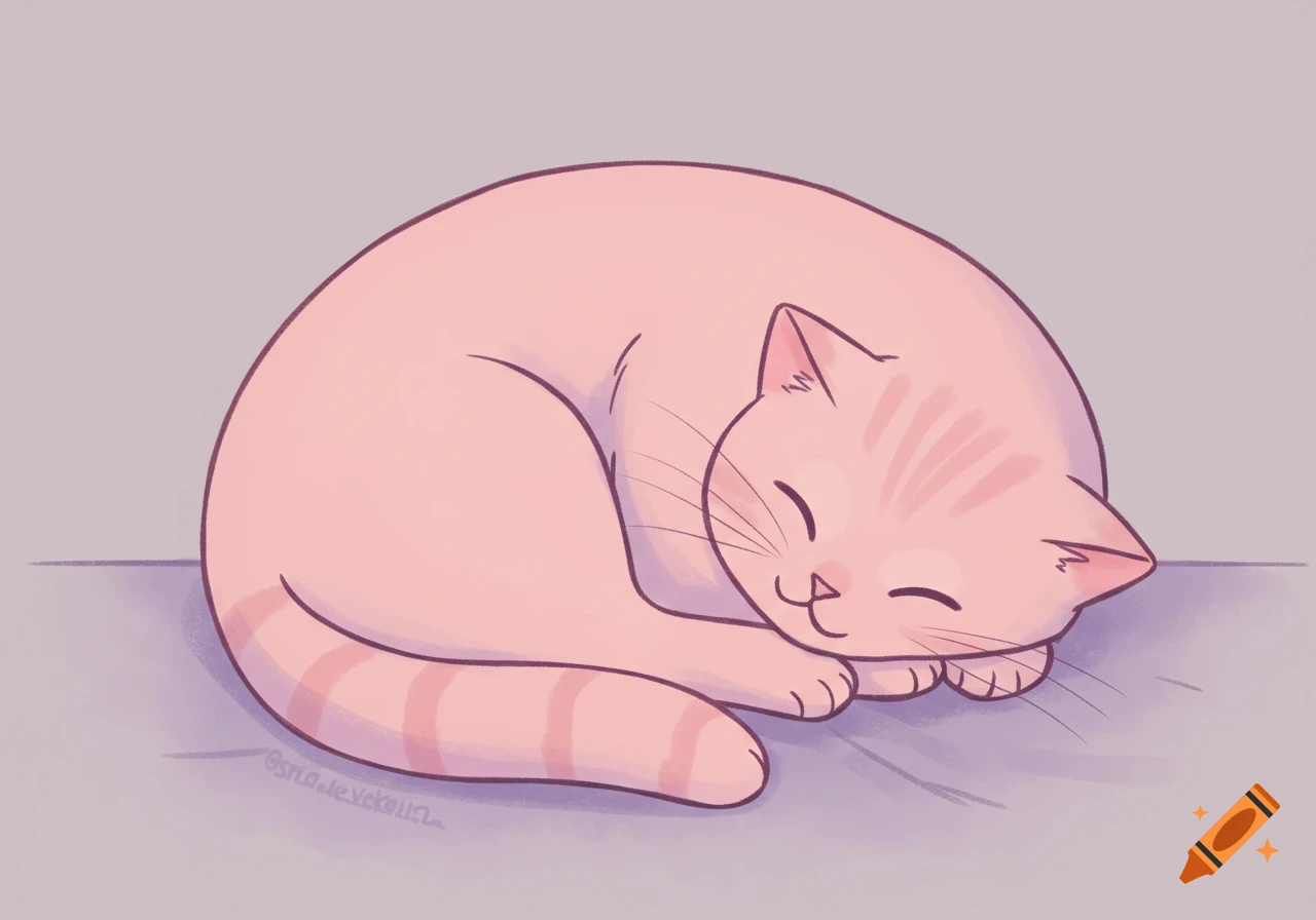A pastel pink cartoon cat curled up and sleeping peacefully on a light purple surface.