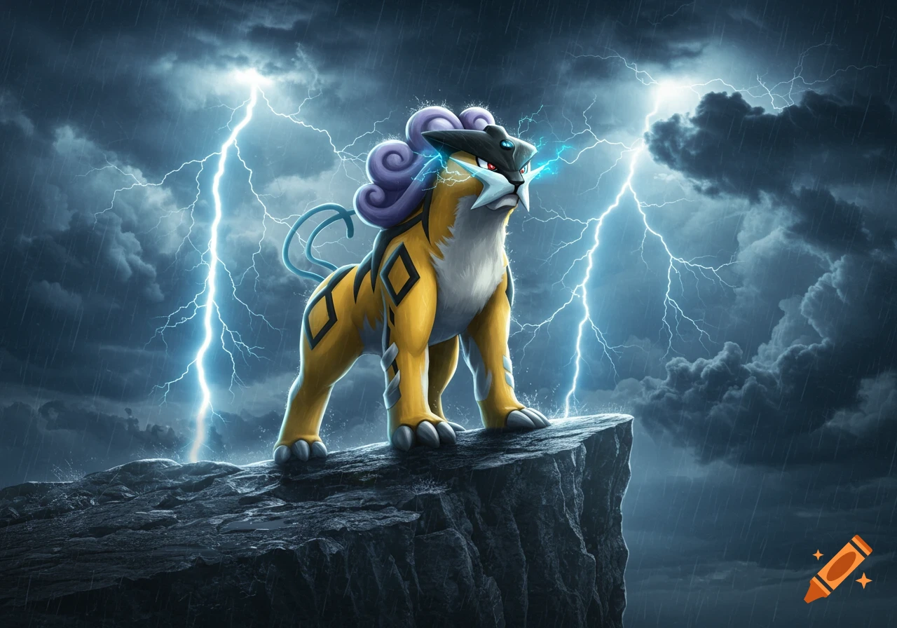 A photorealistic Raikou, an electric-type Pokémon, stands on a jagged cliff under a stormy sky with bright lightning strikes.