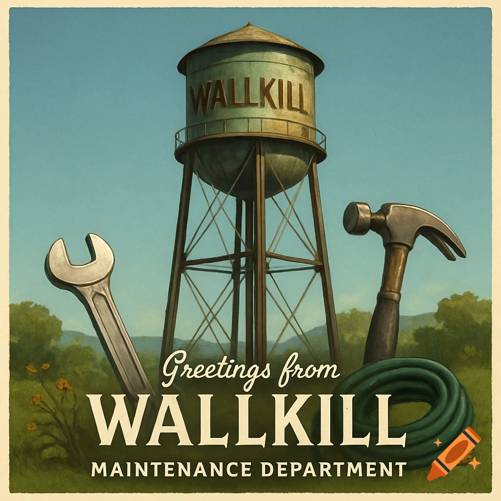 Vintage poster of a water tower with 'WALLKILL' and tools (wrench, hammer, hose), with text 'Greetings from WALLKILL MAINTENANCE DEPARTMENT'.