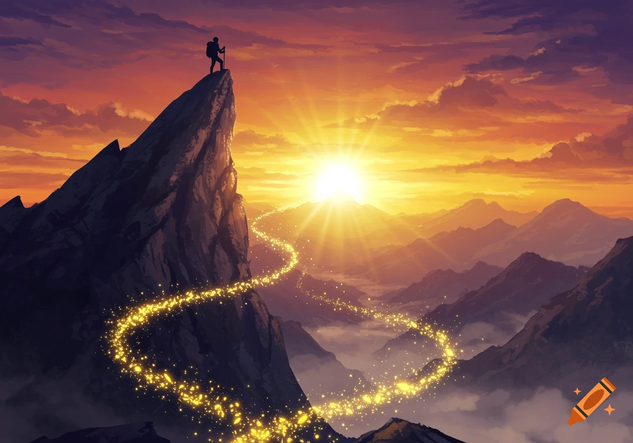A hiker stands silhouetted on a mountain peak overlooking a vast range at sunset, with a glowing golden path winding up the side.