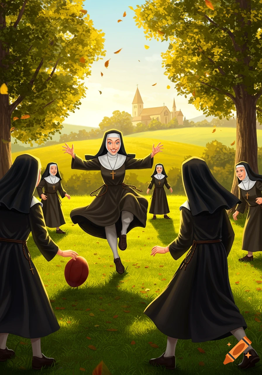 Cartoon nuns in brown habits play with a red ball in a sunny, leafy field with a church in the background.
