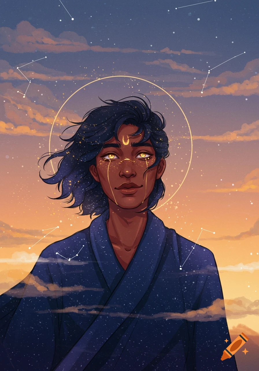 Stylized portrait of a person with dark skin, golden glowing eyes, a crescent moon on their forehead, against a starry sunset sky.