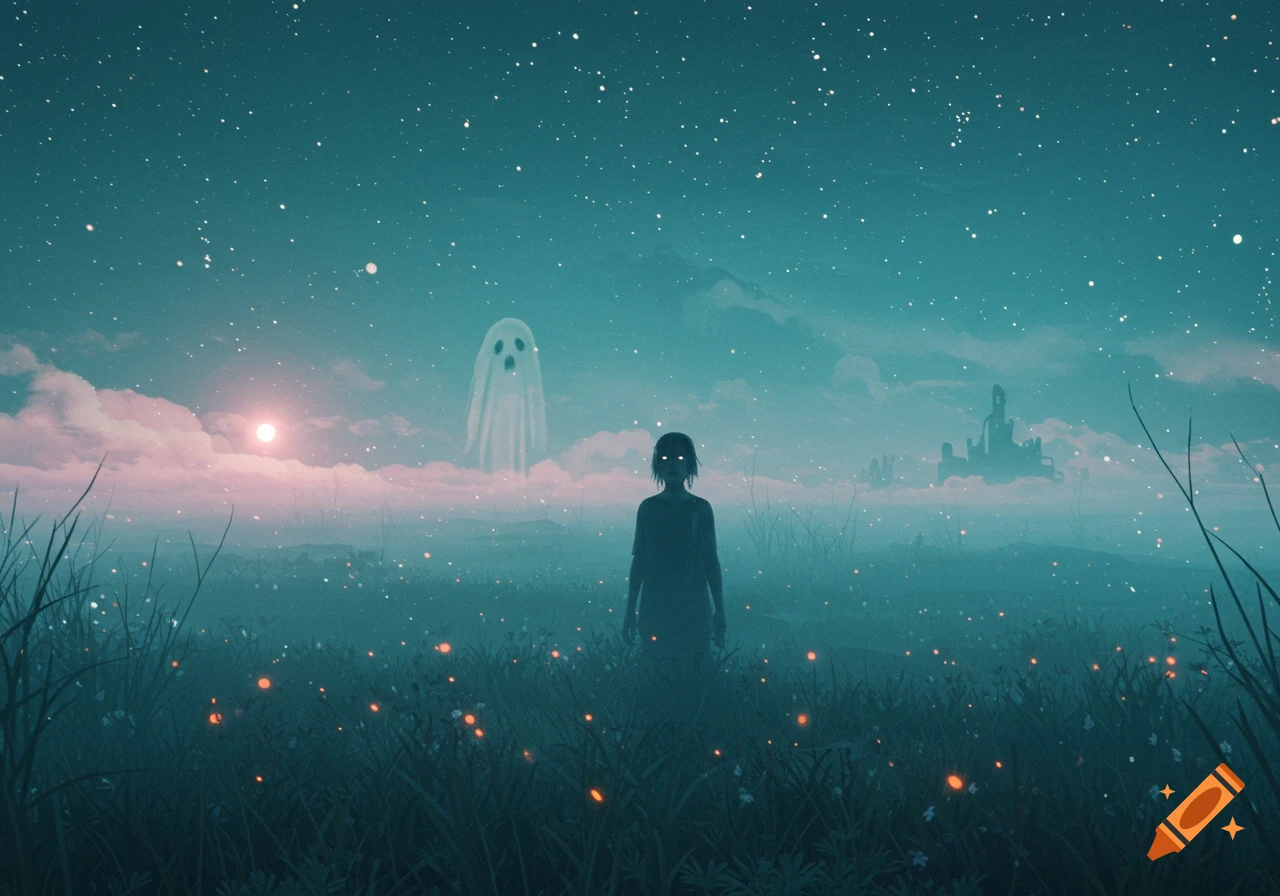A silhouetted figure with glowing eyes stands in a misty, starlit field, facing a floating ghost and distant ruins under a teal and pink sky. Surreal.