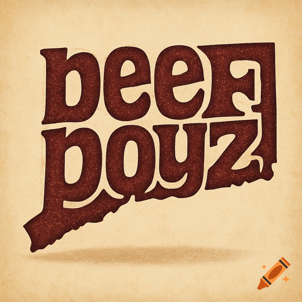 The words 'beef boyz' in brown textured font, shaped like the state of Connecticut, on a beige background.