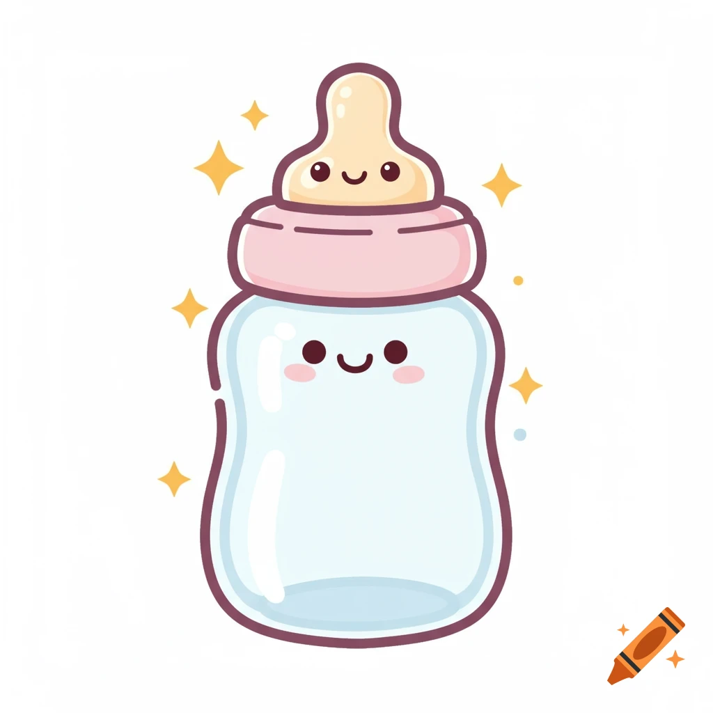 A cute, sparkling cartoon baby bottle with happy faces on the bottle and nipple, on a white background.
