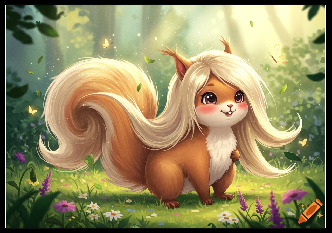 A cute anime-style squirrel with long blonde hair stands in a vibrant, flowery green field with butterflies.