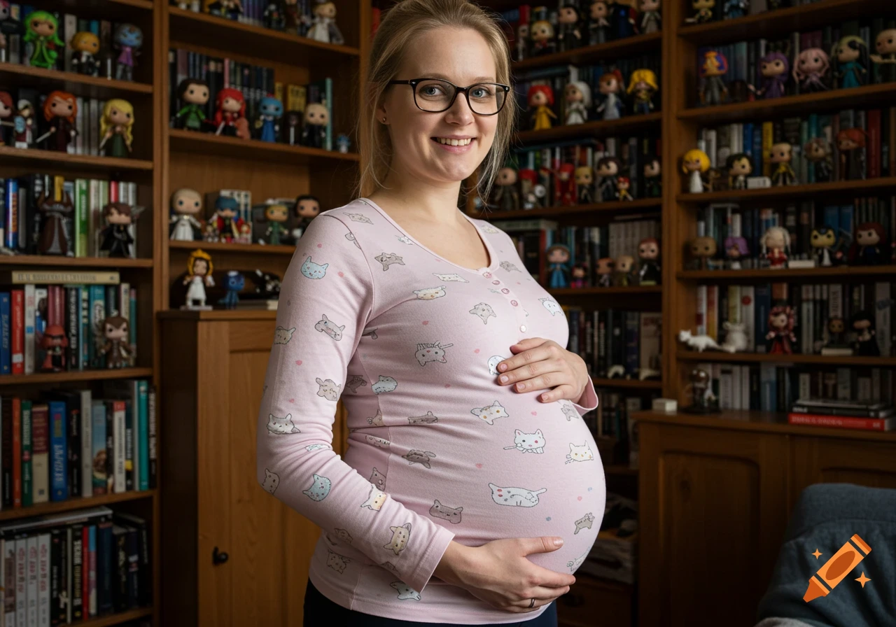 A smiling pregnant woman wearing a pink long-sleeved shirt with cat patterns, holding her belly, standing in front of bookshelves filled with books and collectible figures.
