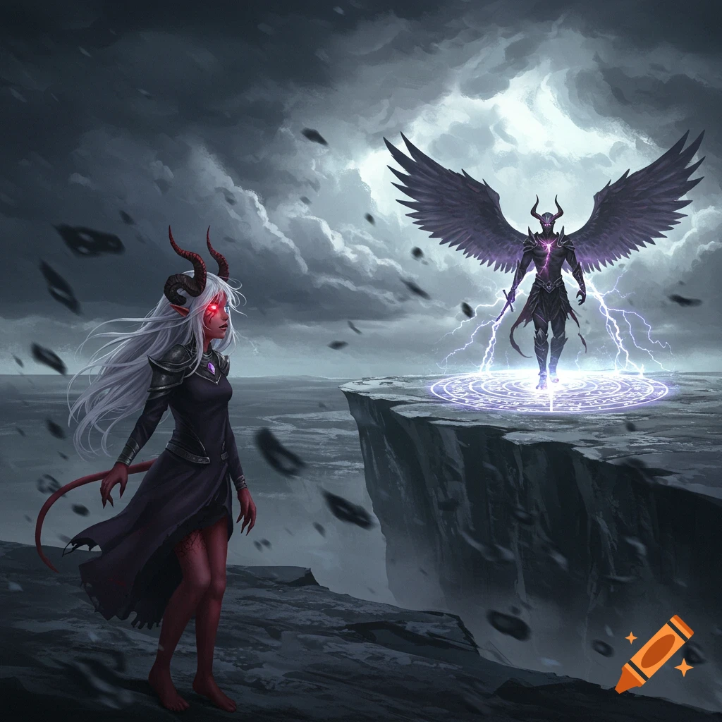 A red-skinned demon girl on a cliff faces a dark horned figure with large wings and purple lightning from a magic circle under a stormy sky.