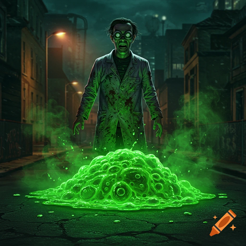 A grotesque scientist with glowing green eyes and a blood-splattered lab coat stands behind a bubbling pile of bright green mutant goo on a cracked street at night, in a dark, urban setting.