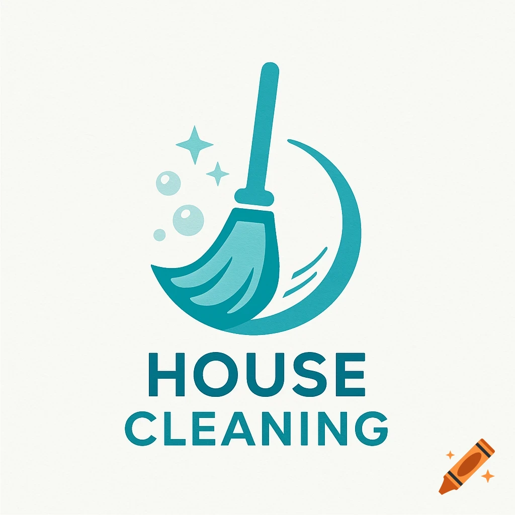A teal logo for a house cleaning business featuring a broom, bubbles, and stars, with the words HOUSE CLEANING below.