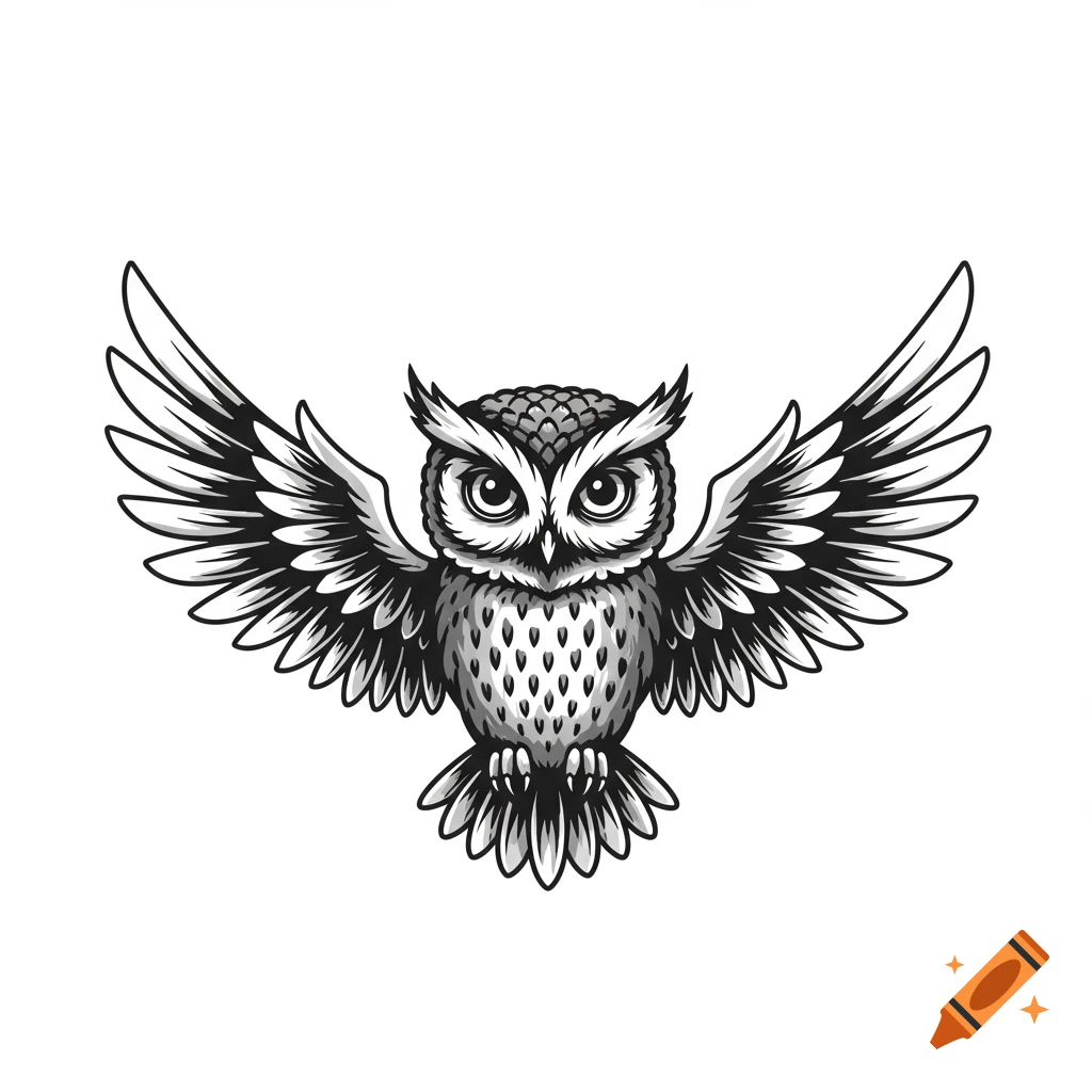 A black and white illustration of an owl with its wings spread, depicted in a wise and flowing style.