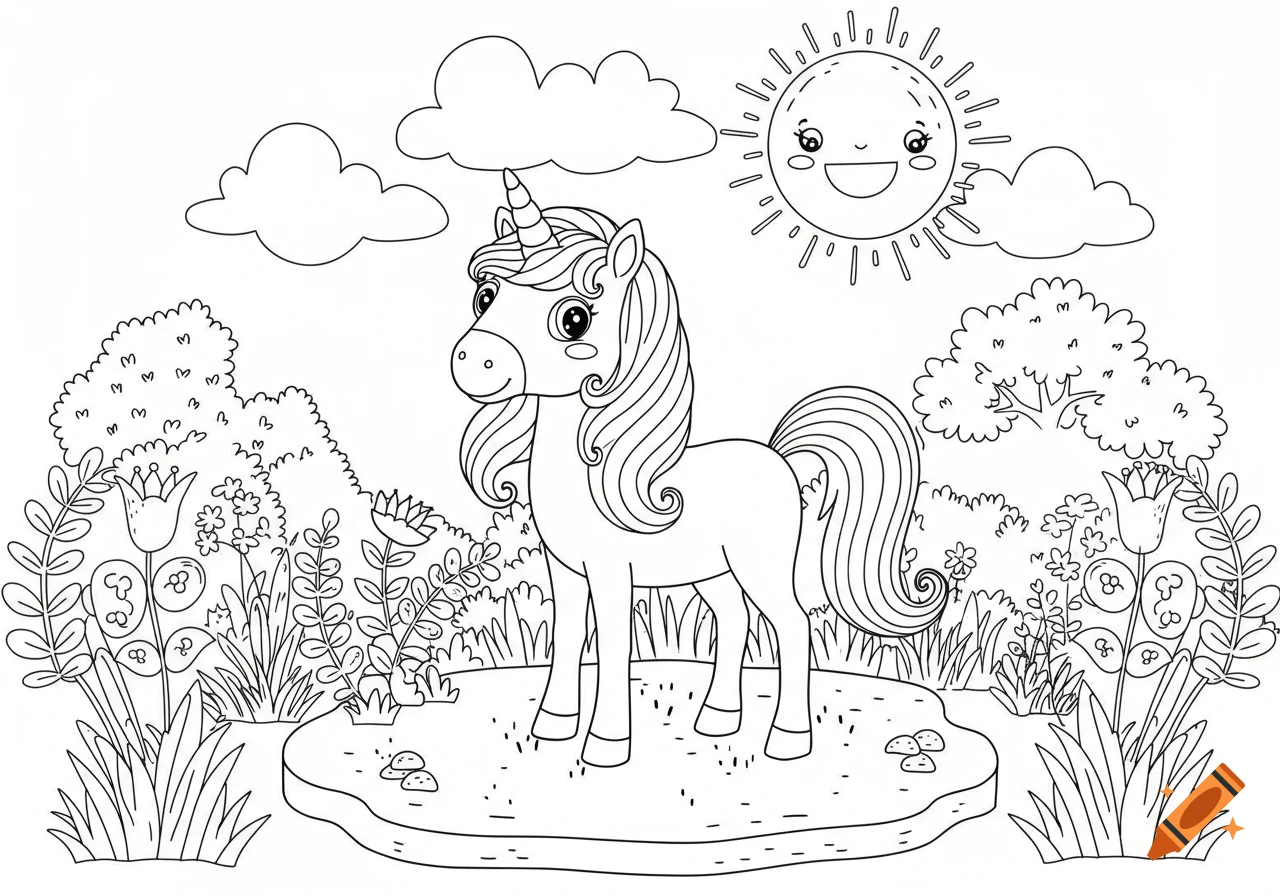 Line drawing of a cute cartoon unicorn standing in a meadow under a smiling sun and clouds, in a coloring page style.