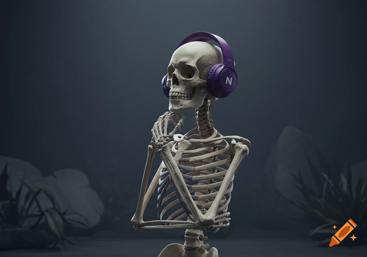 A stylized skeleton with purple over-ear headphones in a contemplative pose against a dark, minimalist background.