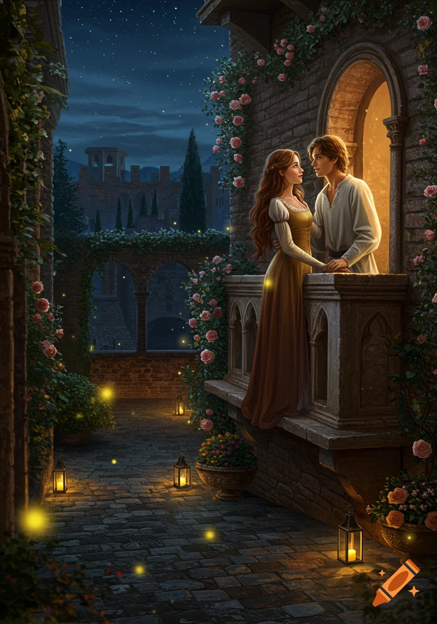 A man and woman embrace on a rose-covered balcony at night, with a castle and glowing lanterns in the background.