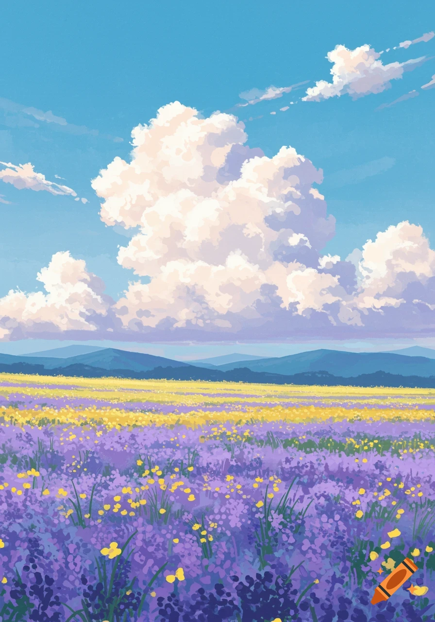A vibrant digital painting of a vast field of purple and yellow flowers beneath a blue sky with fluffy white clouds and distant mountains.