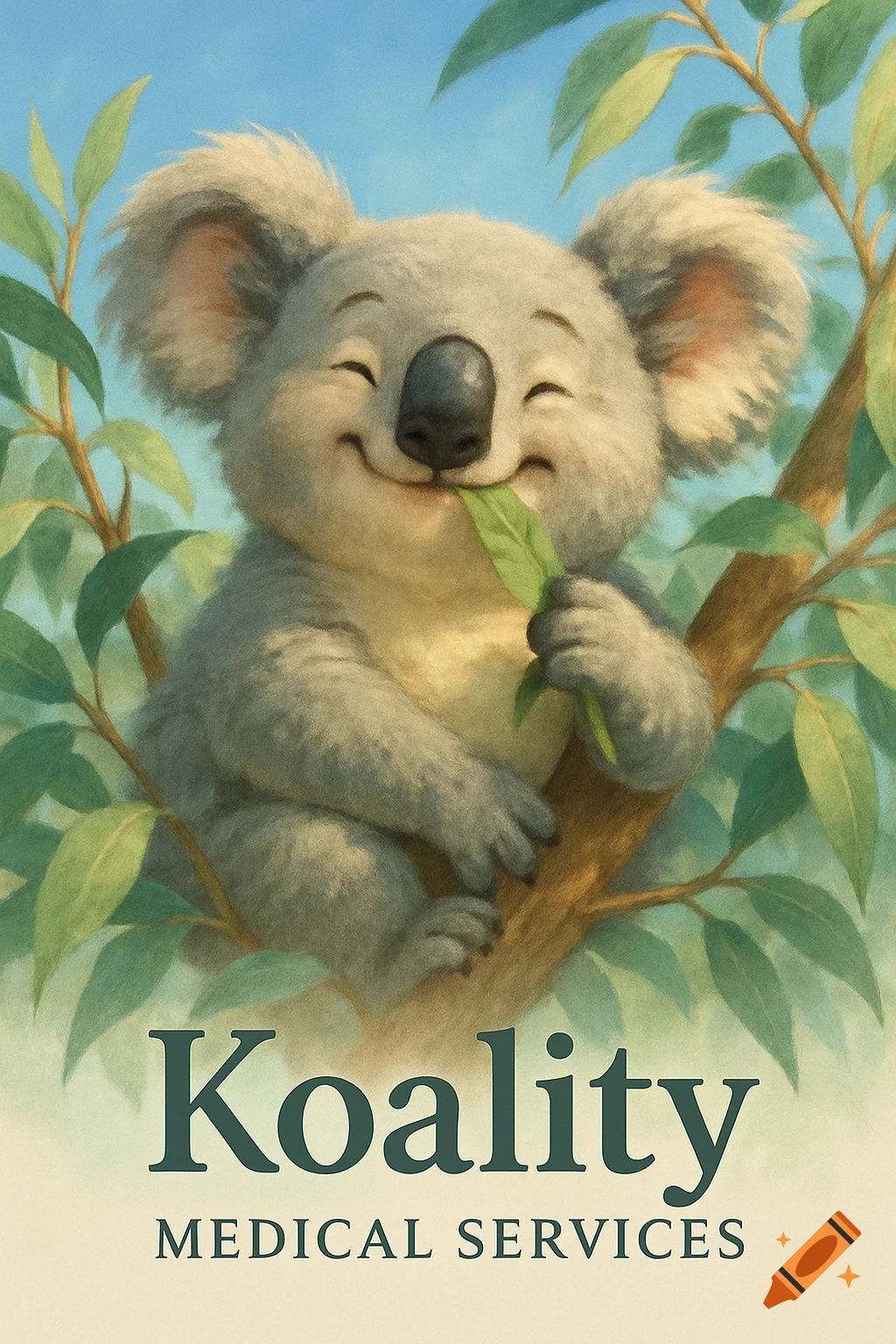 A cute illustrated happy koala eating a leaf in a eucalyptus tree, with 'Koality Medical Services' text below.