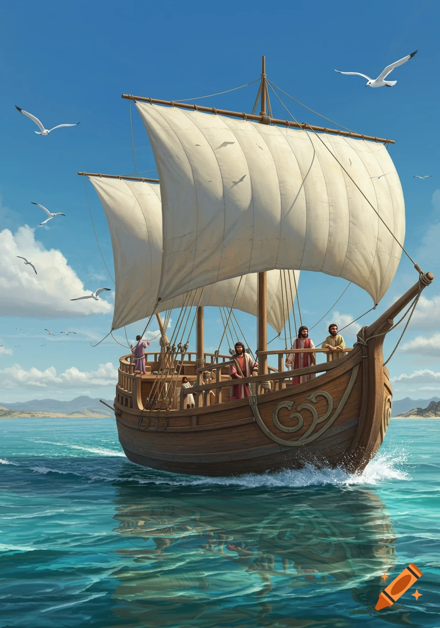A wooden sailing ship with two large white sails on a blue sea under a clear sky. Several people are on deck, and seagulls fly overhead. Mountains are in the distance.