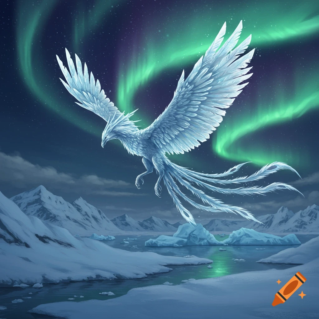 A majestic white ice phoenix flies over a snowy arctic landscape with mountains, icebergs, and green aurora borealis in the night sky.