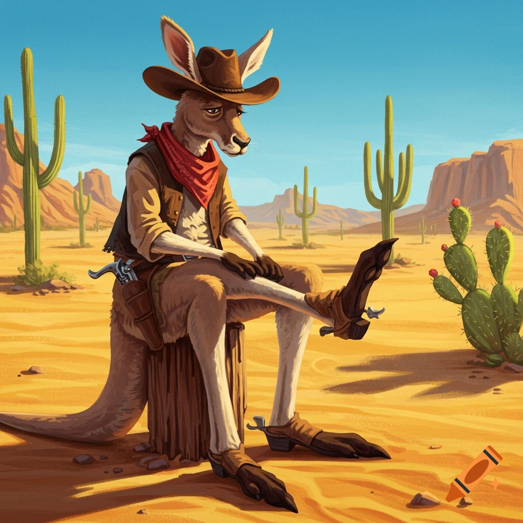 An anthropomorphic kangaroo cowboy wearing a hat and boots sits on a log in the desert, rubbing one of its feet.